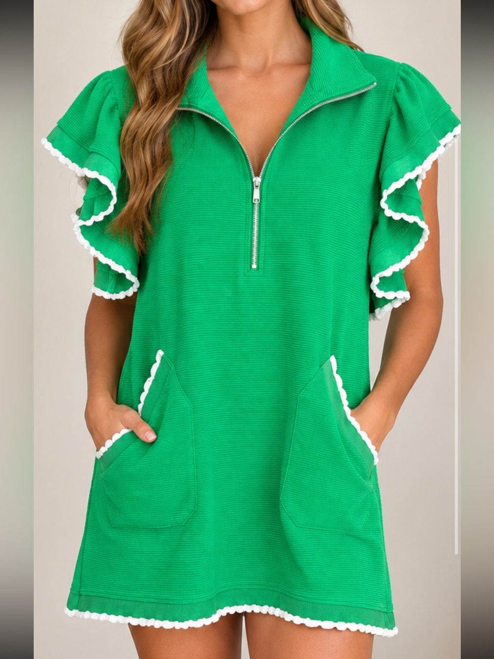 Green 3/4 Zip Shift Ruffle Dress - NWT - Size XL
